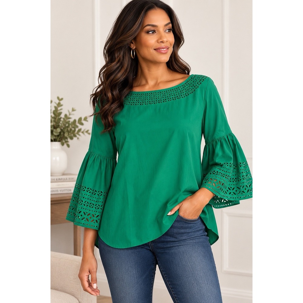 Lauren Ralph Lauren Blouse Women XL Green Laser Cut Bell Sleeve Boho Statement